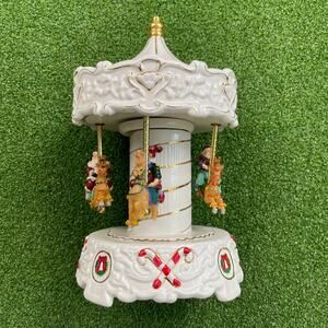 Vtg Santa And Elf Musical Holiday Carousel Elements Porcelain Christmas Decor